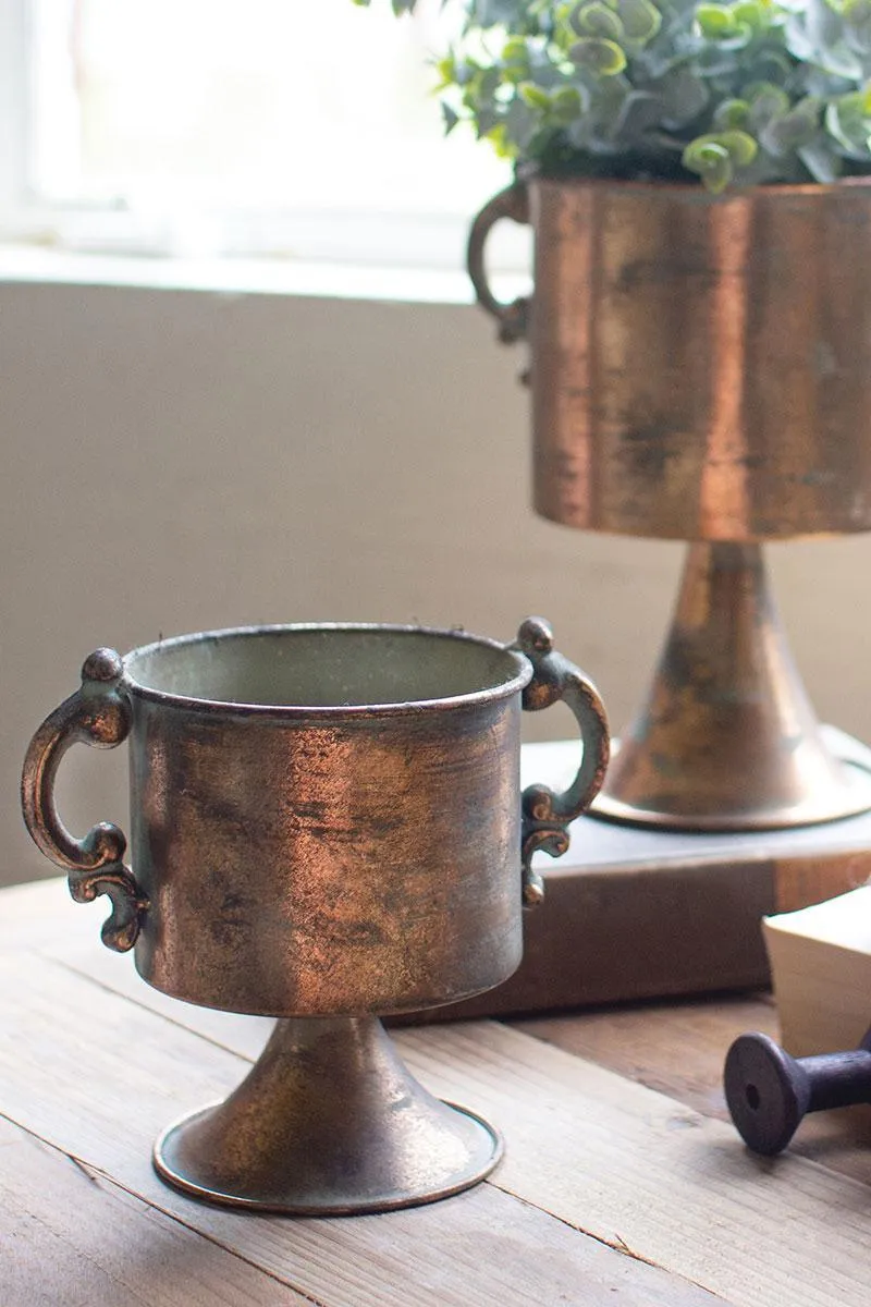 Set of 2 Antique Copper Finish Planters with Handles