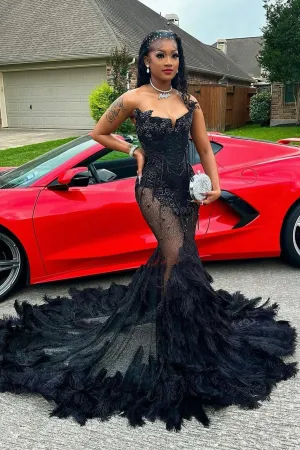 Sexy Black Sweetheart Mermaid Crystal Prom Dress with Feathers