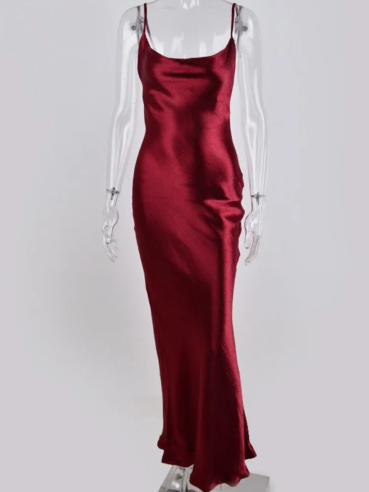 Sexy Spaghetti Strap Backless Satin Lace Up Bodycon Dress