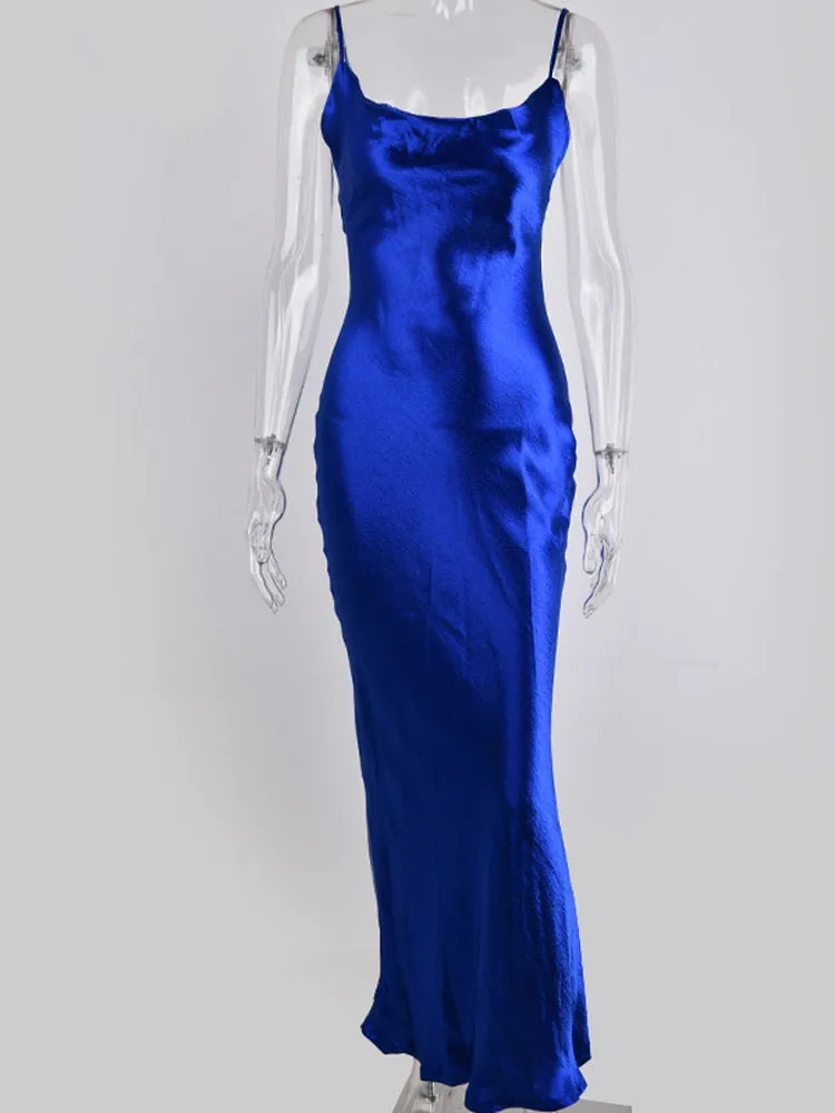 Sexy Spaghetti Strap Backless Satin Lace Up Bodycon Dress