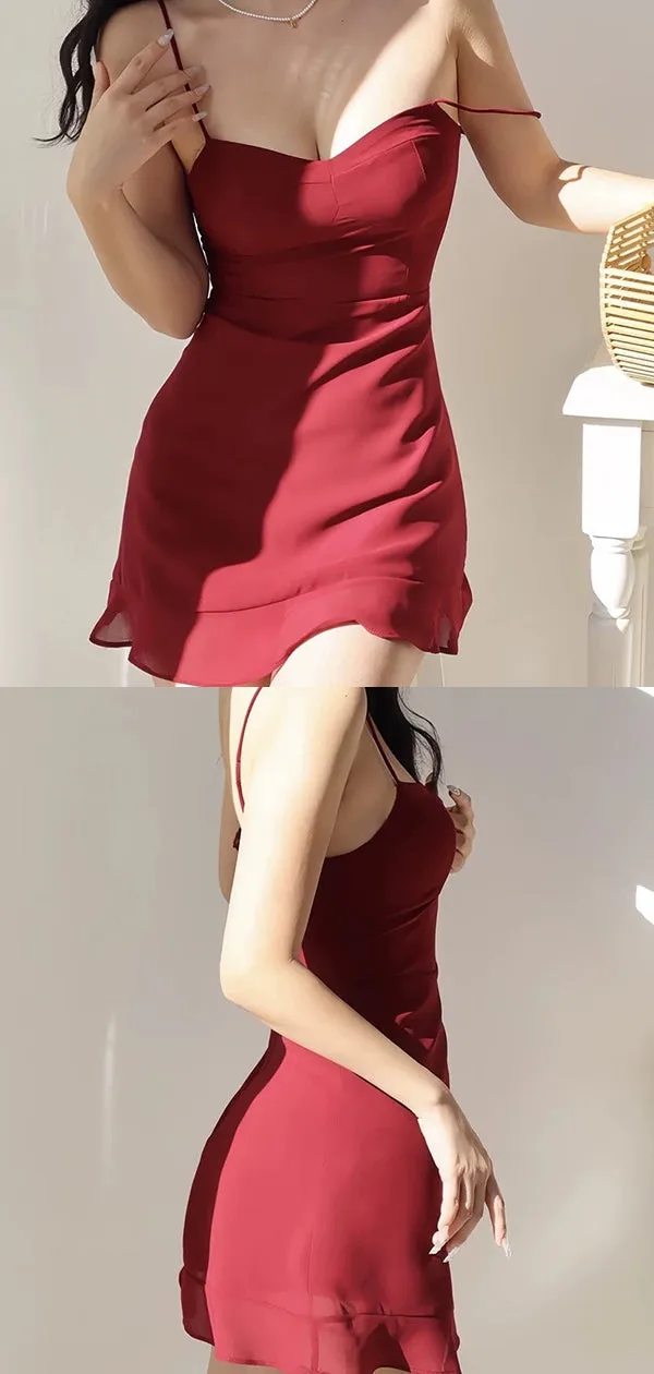 Sexy Spaghetti Strap Sleeveless Mermaid Satin Short Red Homecoming Dresses For Party Online, HD1043