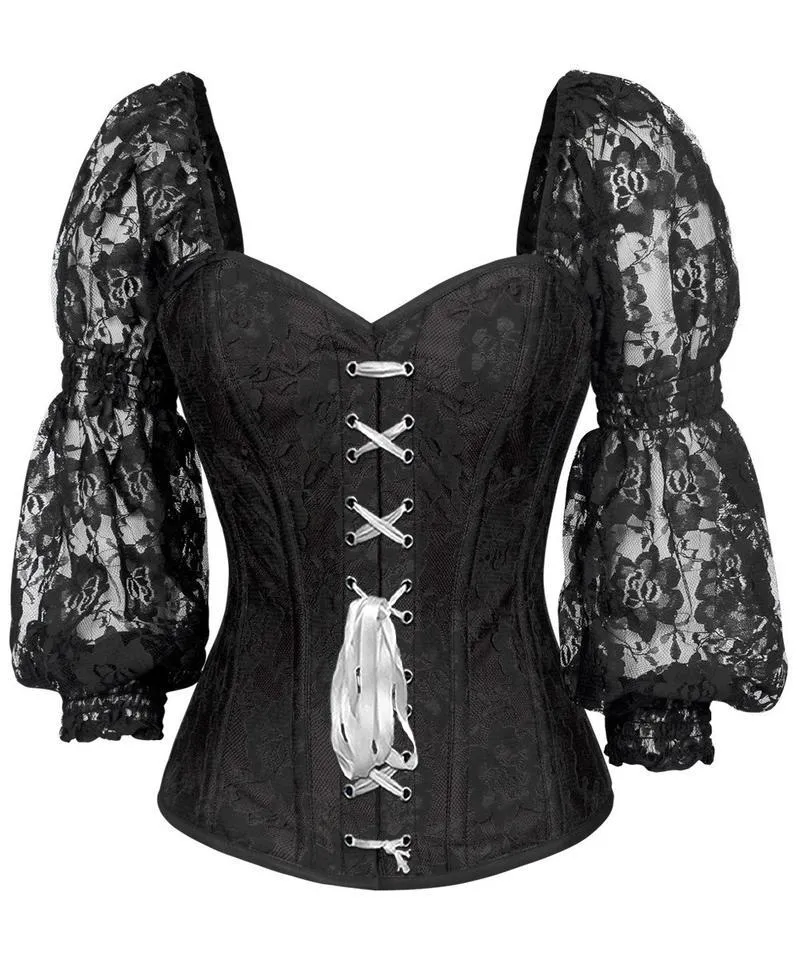 Shayk Lace Overlay Black Overbust Corset with Attached Sleeve