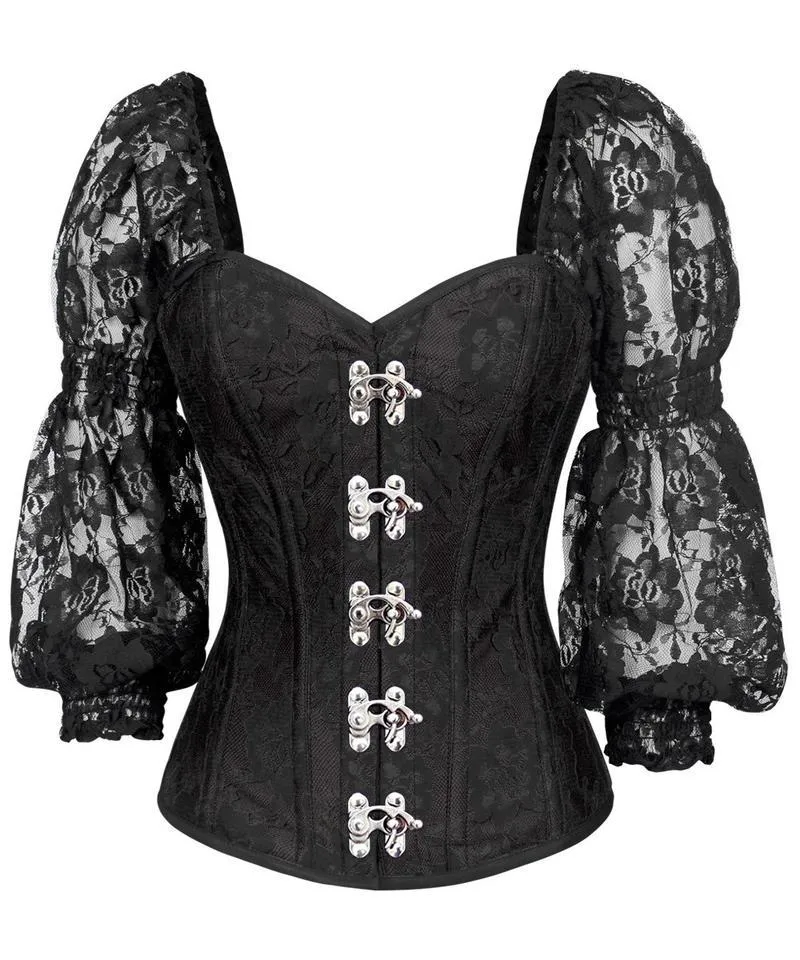 Shayk Lace Overlay Black Overbust Corset with Attached Sleeve