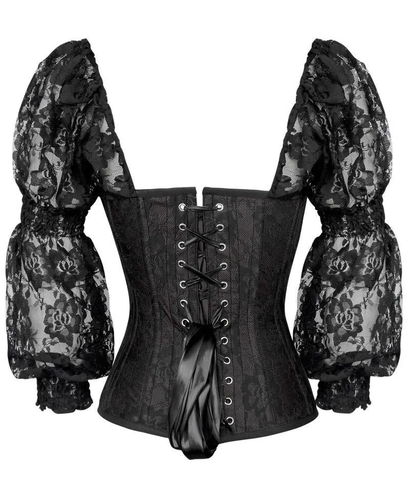 Shayk Lace Overlay Black Overbust Corset with Attached Sleeve