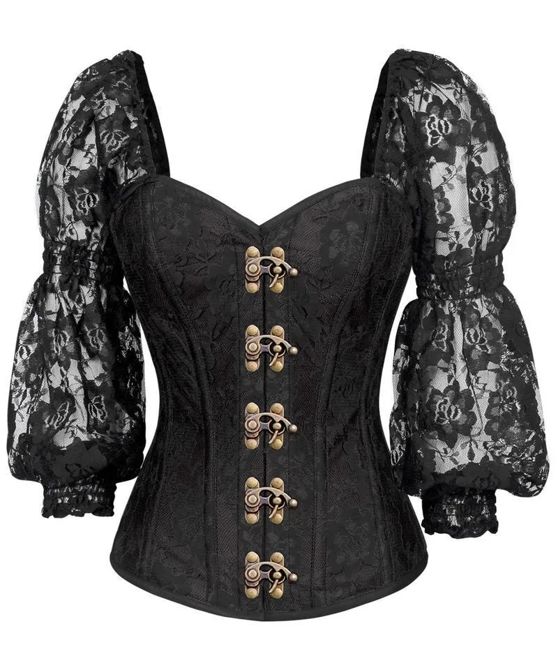 Shayk Lace Overlay Black Overbust Corset with Attached Sleeve
