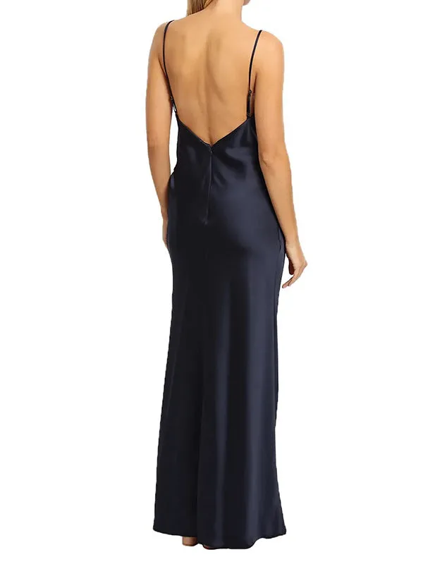 Simple Spaghetti Strap Sleeveless Mermaid Satin Long Prom Dresses Online, OL532