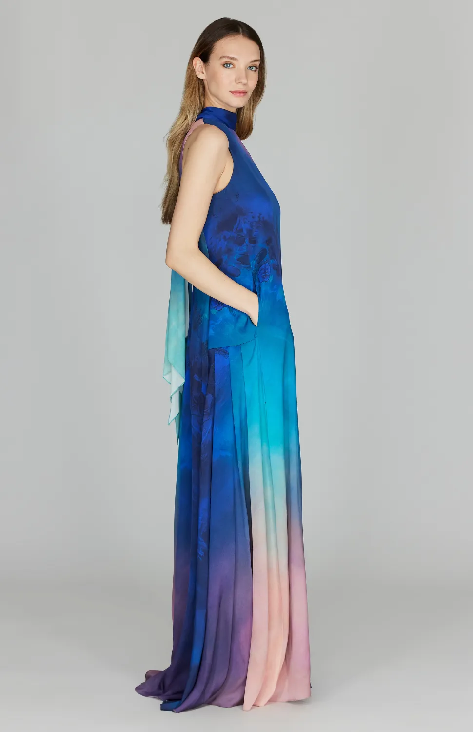 Sunset Print Long Trapeze Gown w/ High Neck