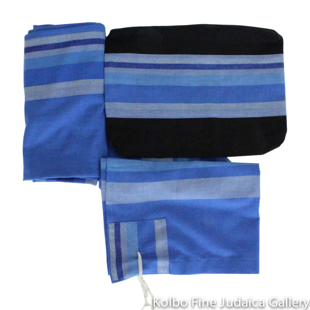 Tallit Set, Royal Blue with Multi-Blue Stripes, Hand-Spun Cotton and Silk, with Bag, Ethically and Sustainably Made
