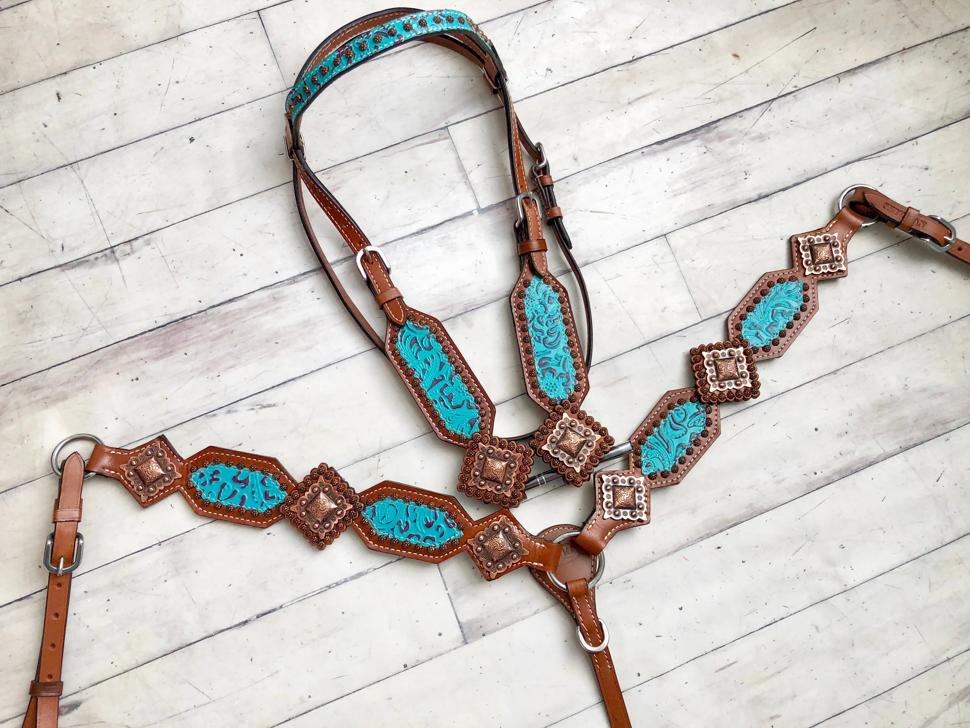 Teal Filigree w/ Large Square Copper Conchos