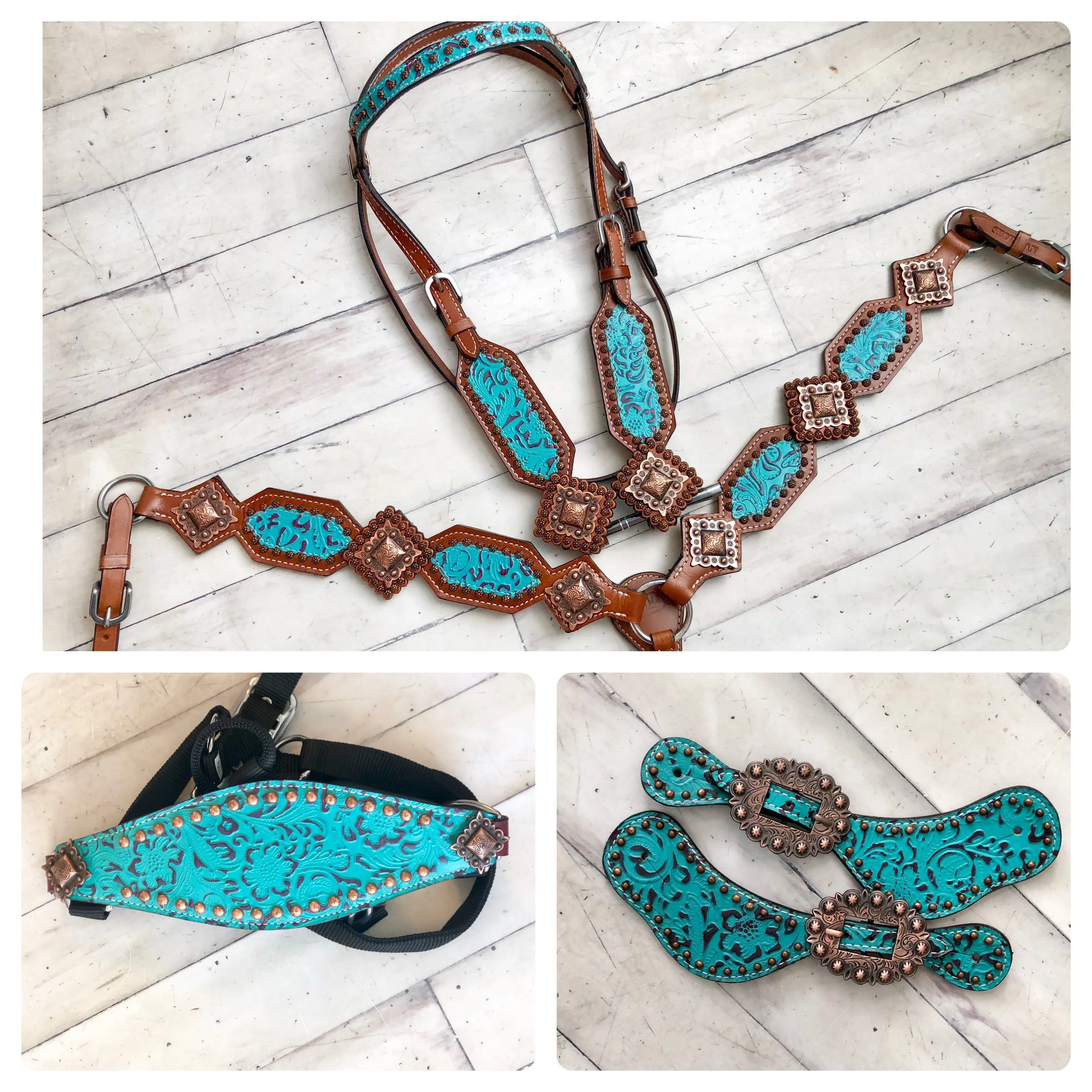 Teal Filigree w/ Large Square Copper Conchos
