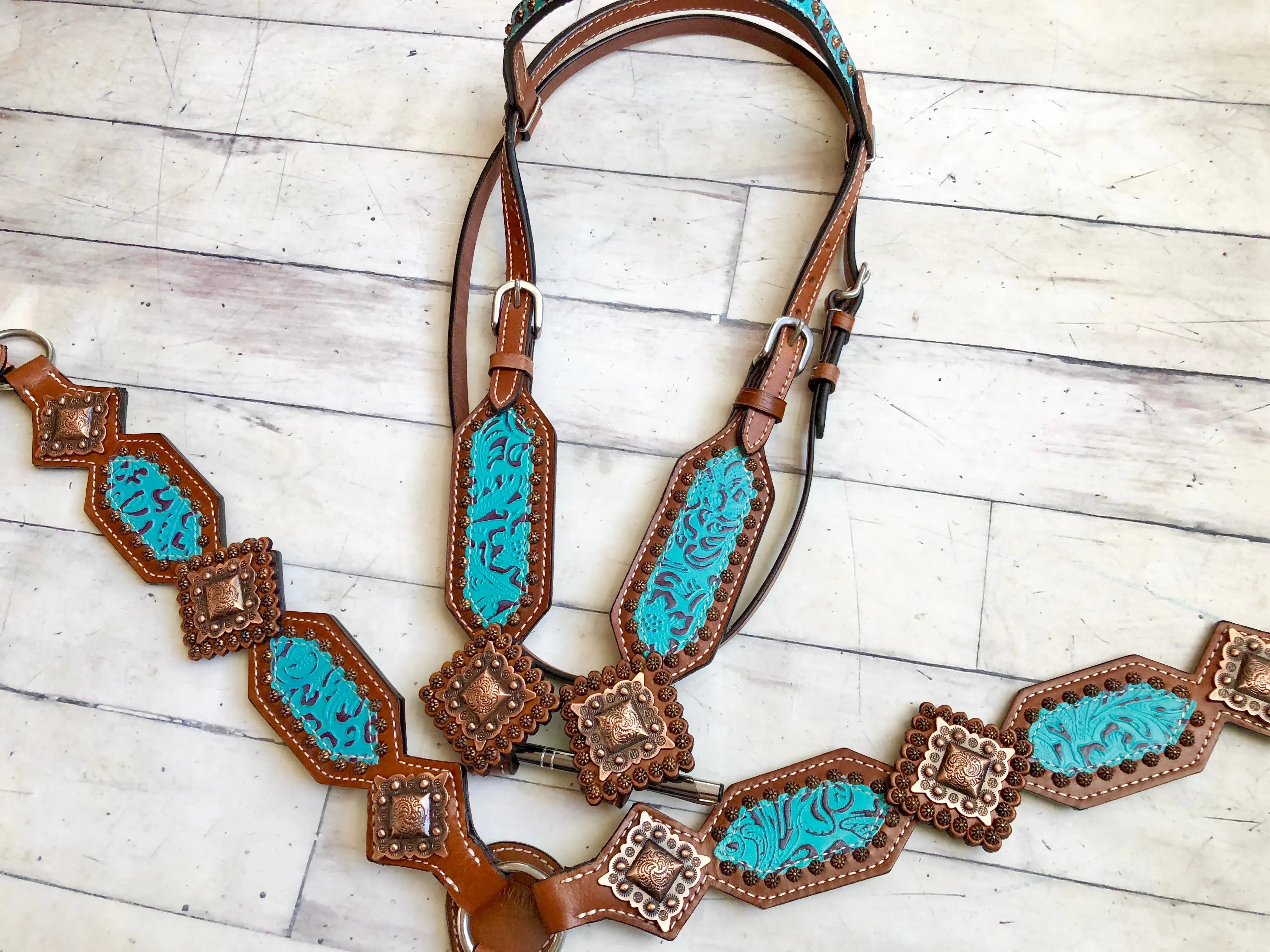 Teal Filigree w/ Large Square Copper Conchos