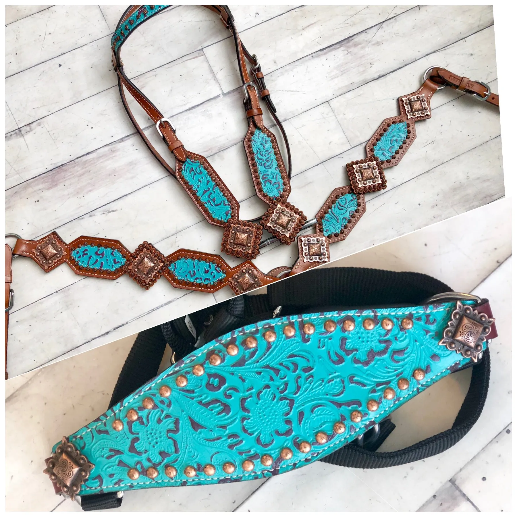 Teal Filigree w/ Large Square Copper Conchos