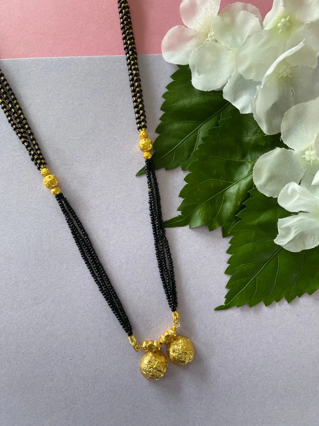 Traditional Marathi Style Long Mangalsutra Designs Vati Pendant 3 Line Gold And Black Beads Chain