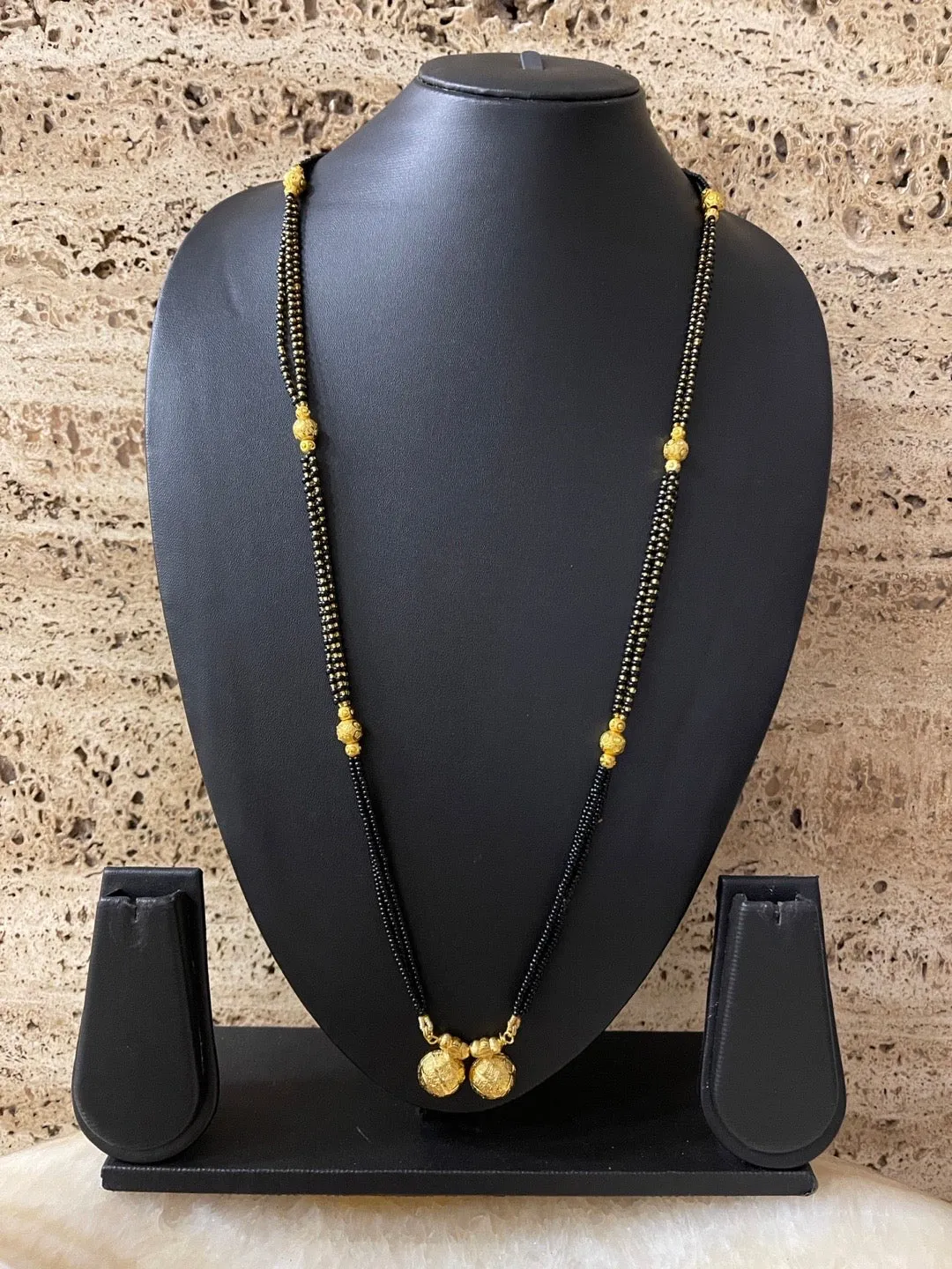 Traditional Marathi Style Long Mangalsutra Designs Vati Pendant 3 Line Gold And Black Beads Chain