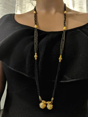 Traditional Marathi Style Long Mangalsutra Designs Vati Pendant 3 Line Gold And Black Beads Chain