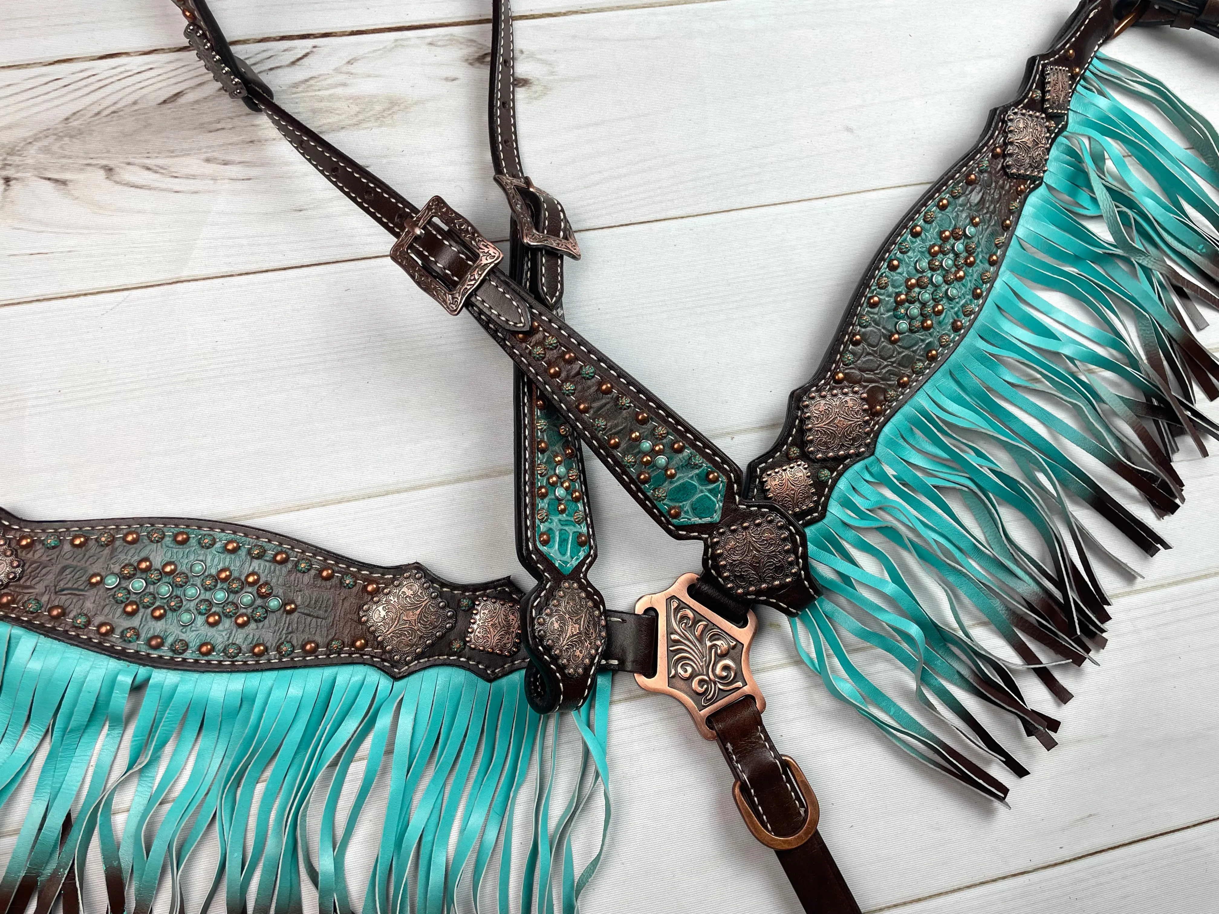 Turquoise & Brown Copper Concho Tack Set