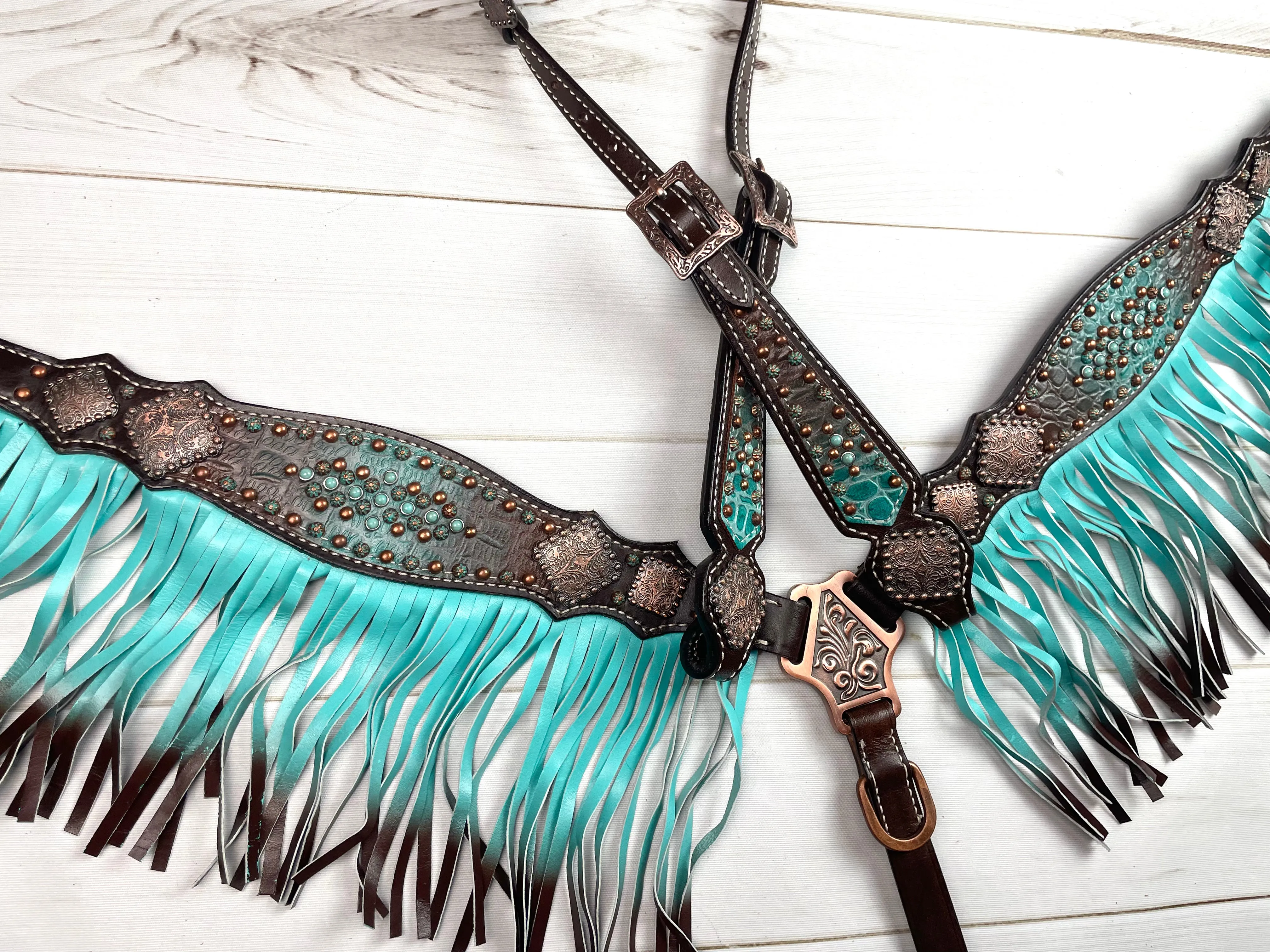 Turquoise & Brown Copper Concho Tack Set