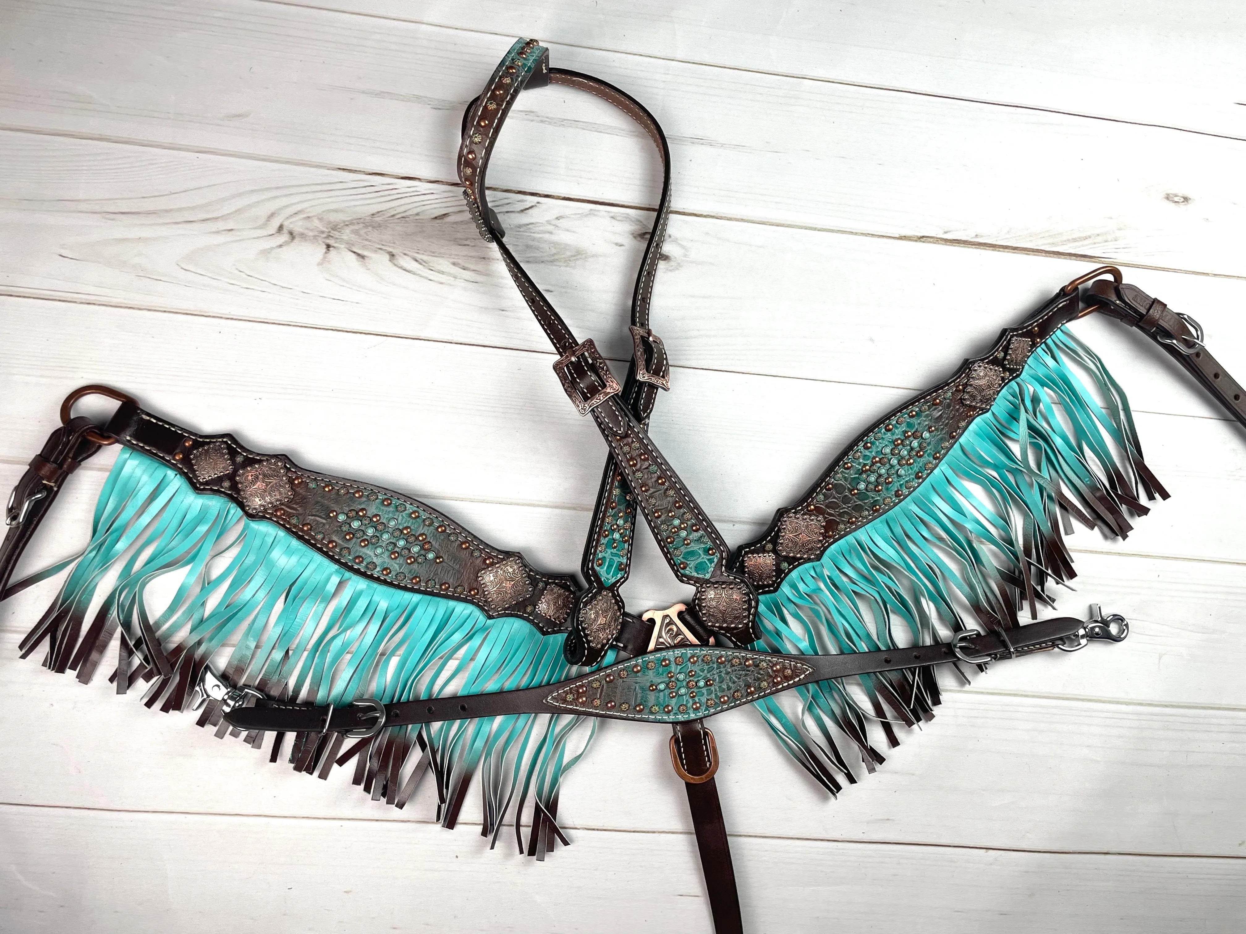 Turquoise & Brown Copper Concho Tack Set