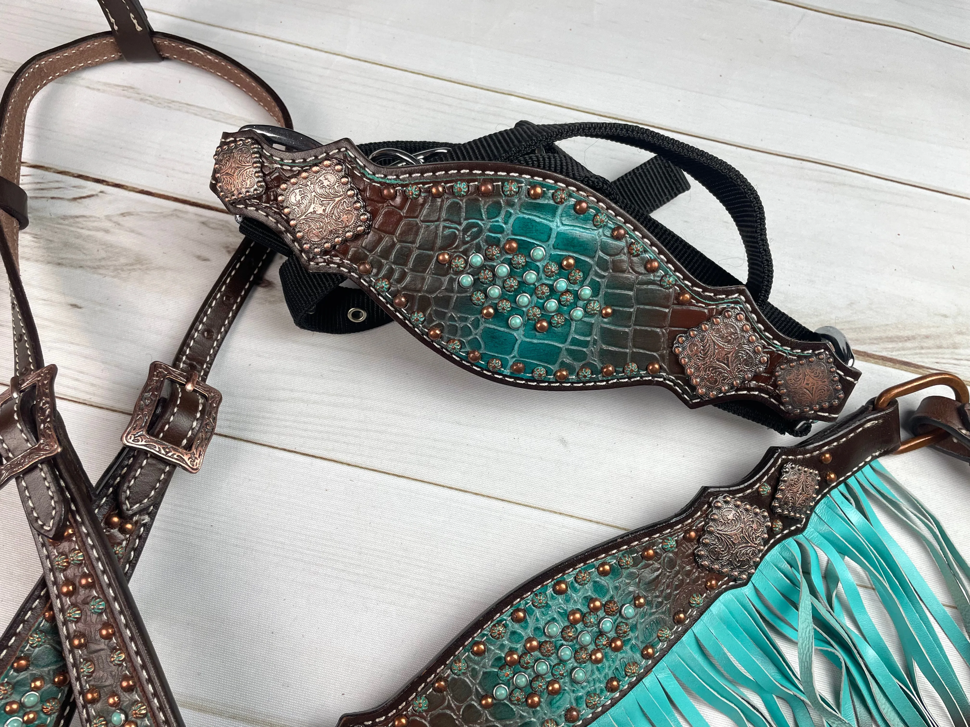 Turquoise & Brown Copper Concho Tack Set