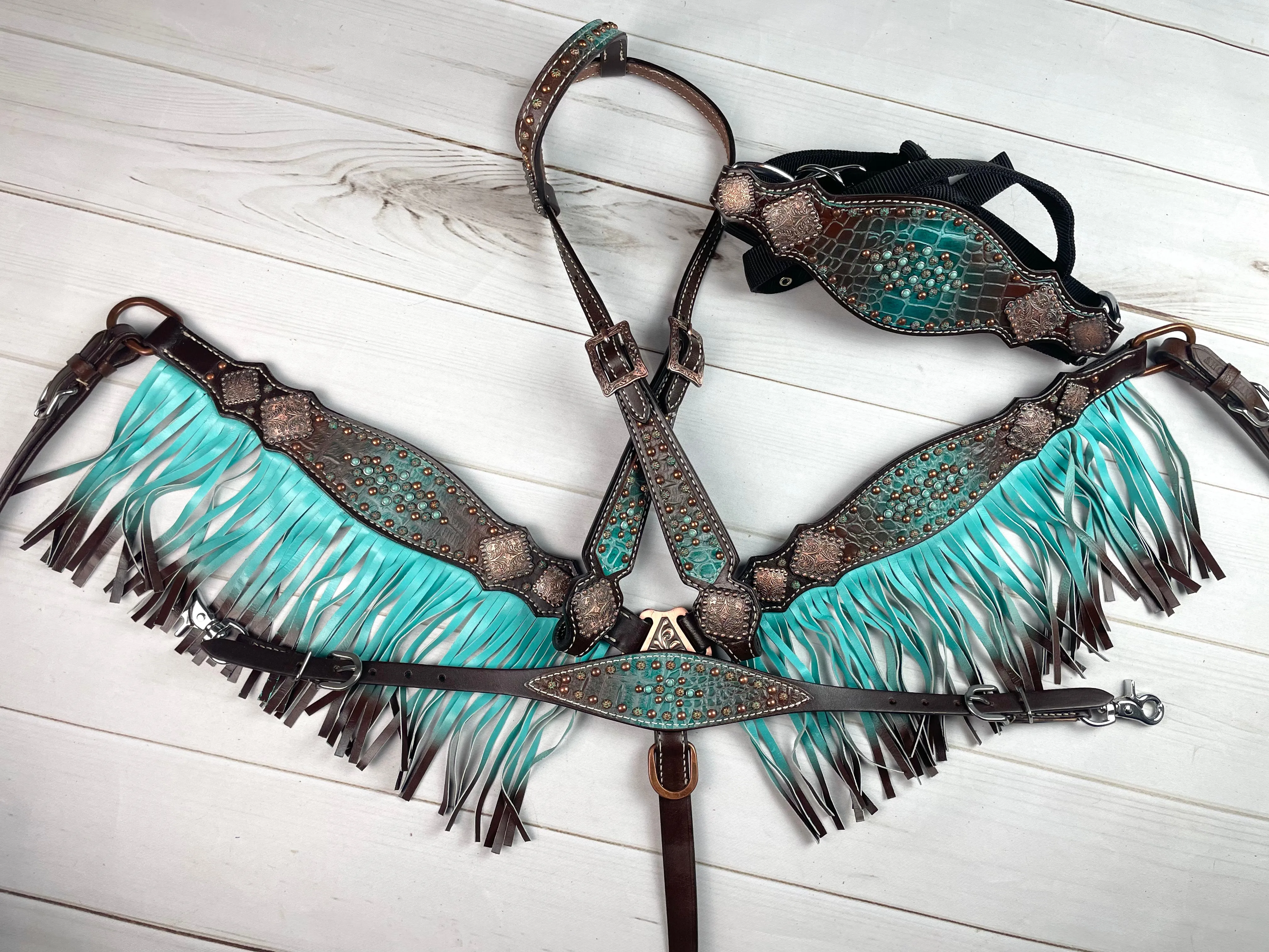 Turquoise & Brown Copper Concho Tack Set