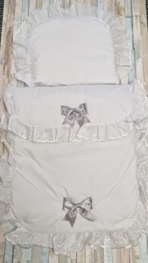 Unisex Baby White Broderie Anglaise Lace 2 Grey Satin Bow Pram Set