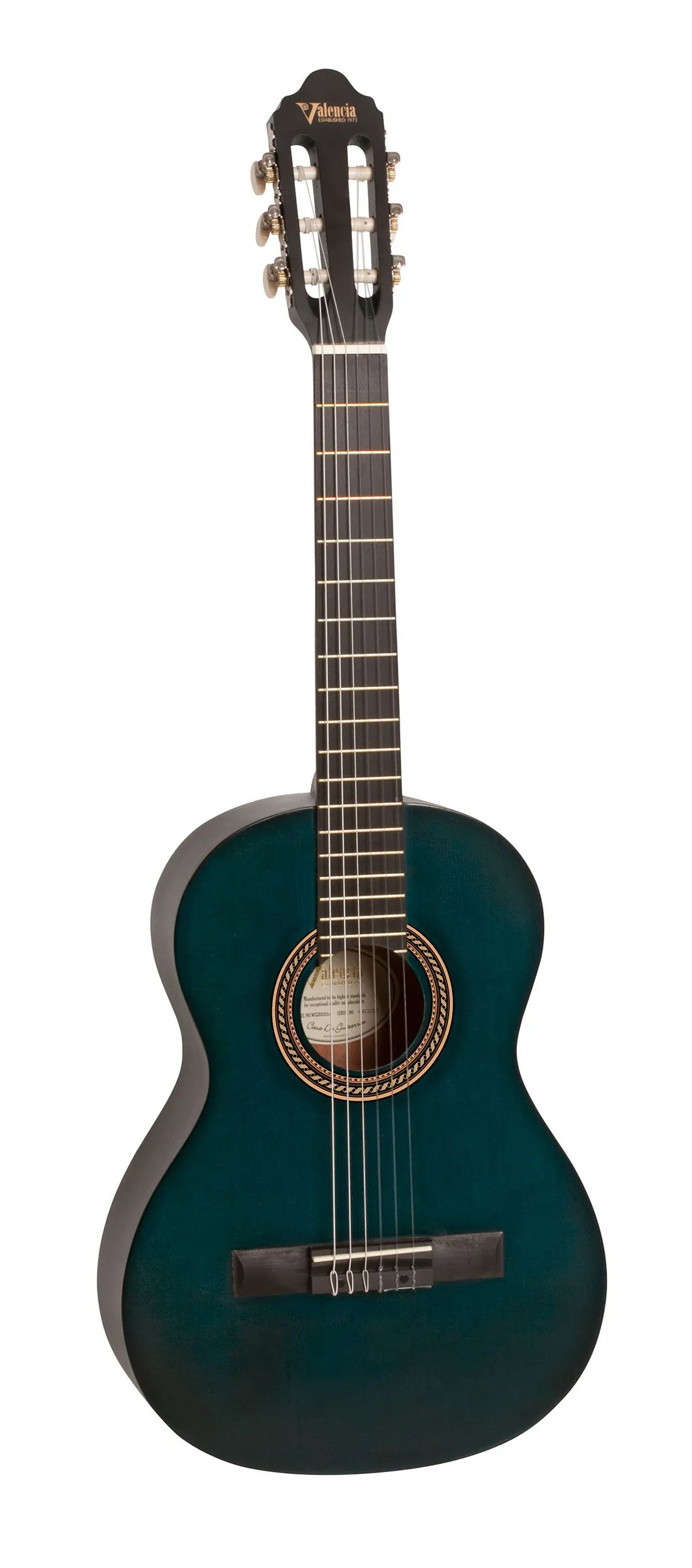 Valencia VC203TBU Classical Guitar - 3/4 Size - Transparent Blue