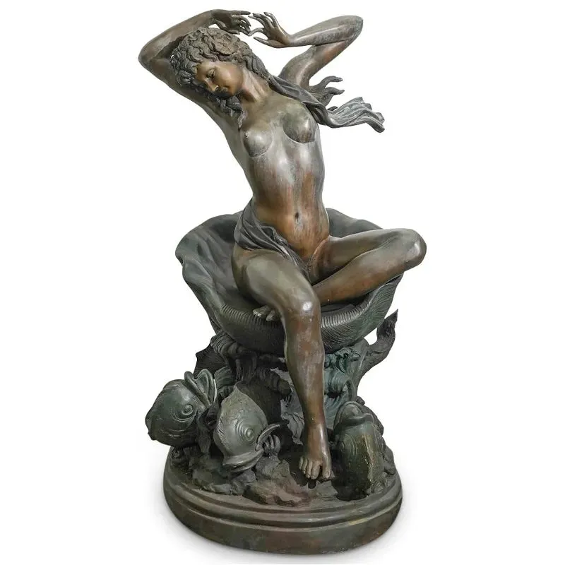 Verde Green Bronze Nude Fountain With Dolphins Fish