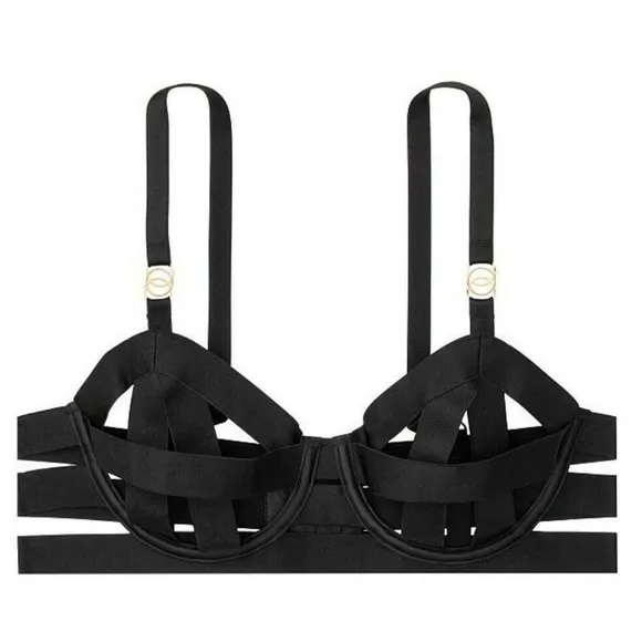 VICTORIA’S SECRET VS Very Sexy Banded Cage Strappy Open Cup Demi Bra 32DD Black