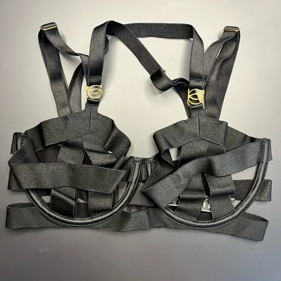 VICTORIA’S SECRET VS Very Sexy Banded Cage Strappy Open Cup Demi Bra 32DD Black