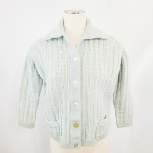 Vintage 1950s cardigan sweater aqua blue ivory stripes hand loomed wool germany
