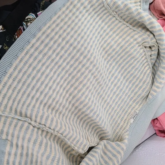 Vintage 1950s cardigan sweater aqua blue ivory stripes hand loomed wool germany
