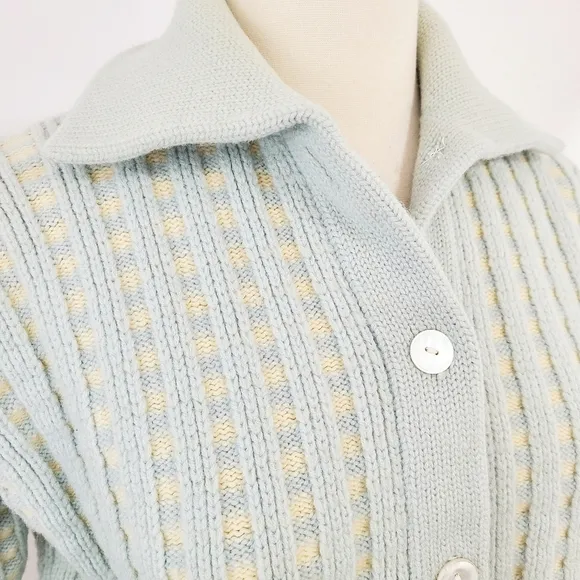 Vintage 1950s cardigan sweater aqua blue ivory stripes hand loomed wool germany