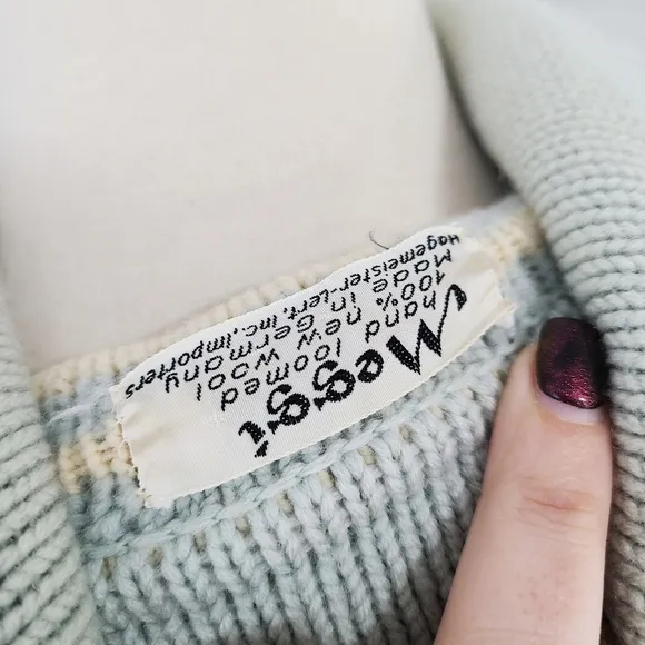 Vintage 1950s cardigan sweater aqua blue ivory stripes hand loomed wool germany