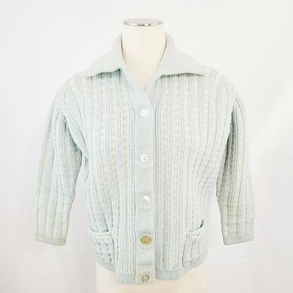 Vintage 1950s cardigan sweater aqua blue ivory stripes hand loomed wool germany