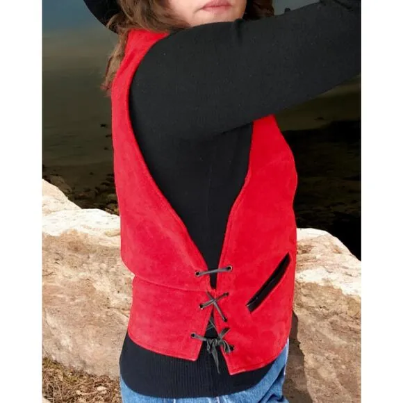 Vintage 60's-70's Cherry red Suede vest with black leather lace sides