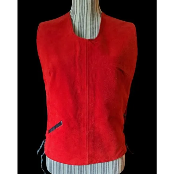 Vintage 60's-70's Cherry red Suede vest with black leather lace sides