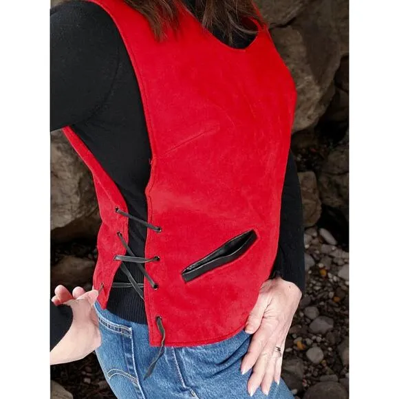 Vintage 60's-70's Cherry red Suede vest with black leather lace sides