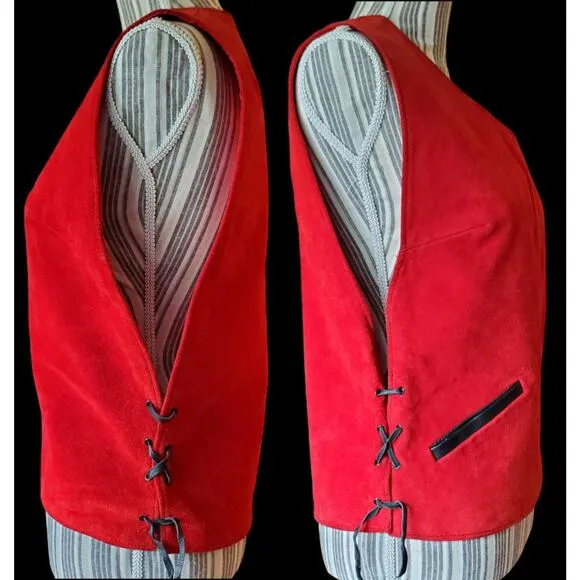 Vintage 60's-70's Cherry red Suede vest with black leather lace sides