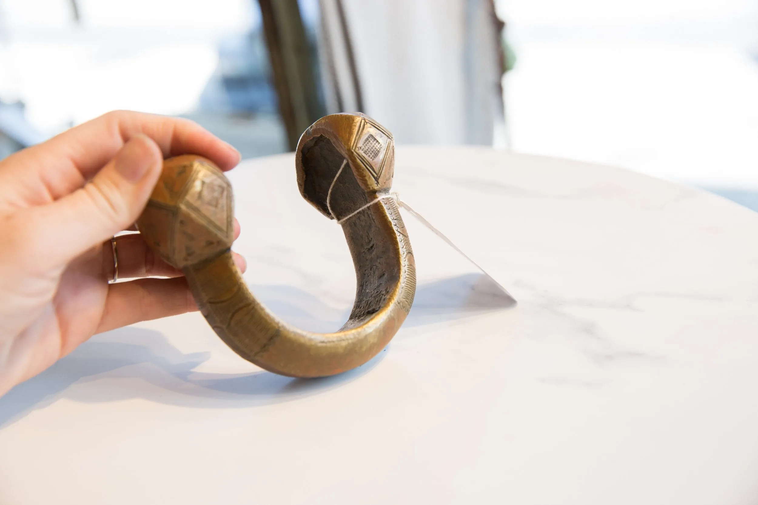 Vintage African Copper Alloy Large Cuff Bracelet with Geometric Detailing