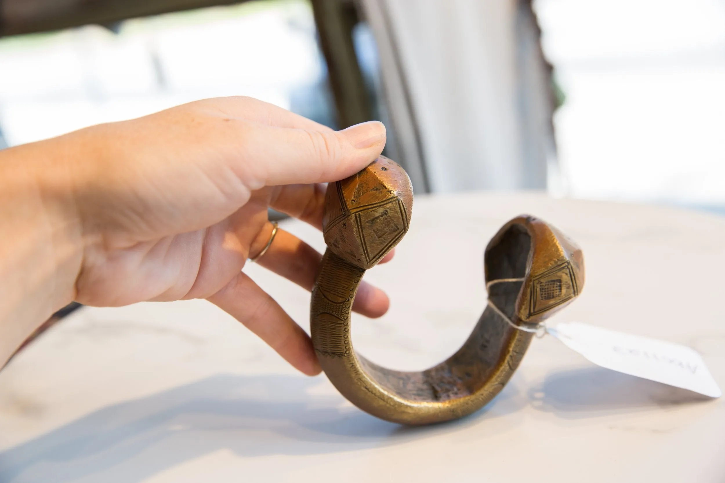 Vintage African Copper Alloy Large Cuff Bracelet with Geometric Detailing