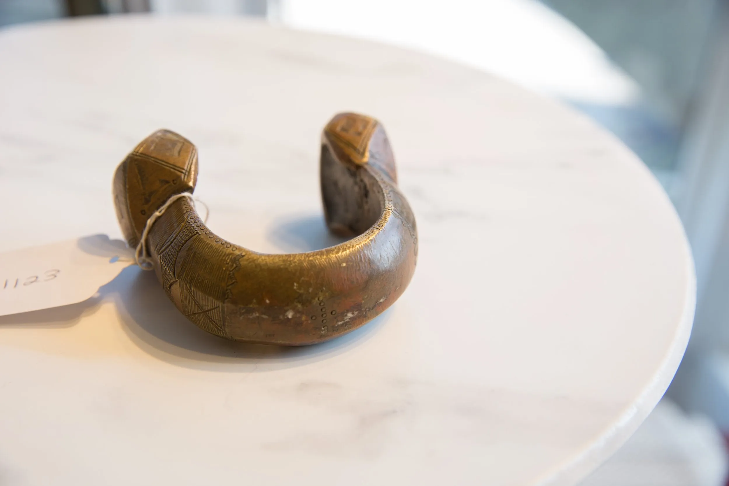 Vintage African Copper Alloy Large Cuff Bracelet with Geometric Detailing