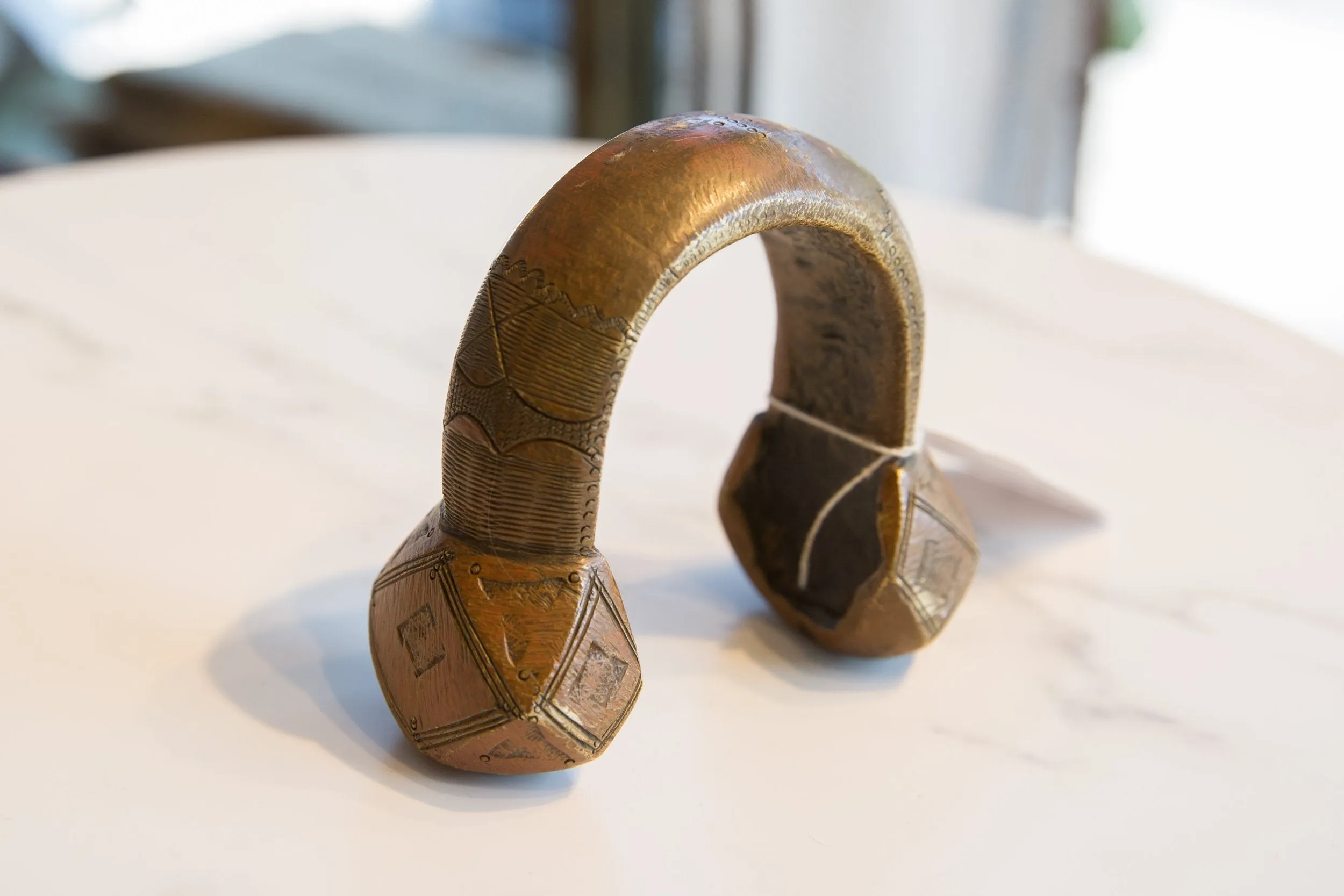 Vintage African Copper Alloy Large Cuff Bracelet with Geometric Detailing
