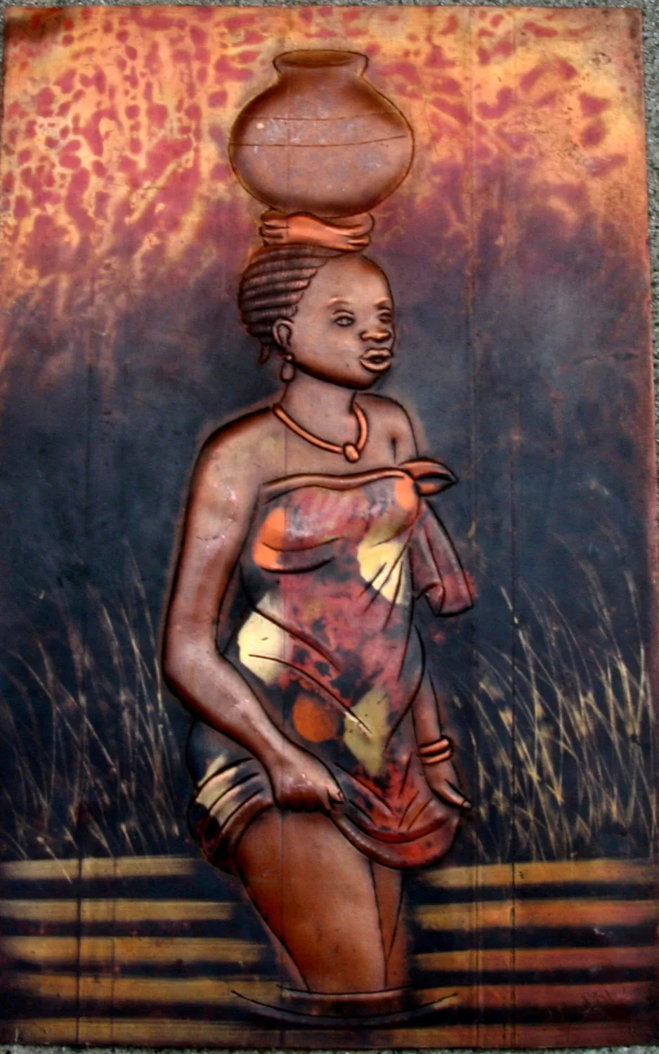 Vintage African Copper Art  - African Beauty Crossing River -Congo DRC - 7.5" X 12"