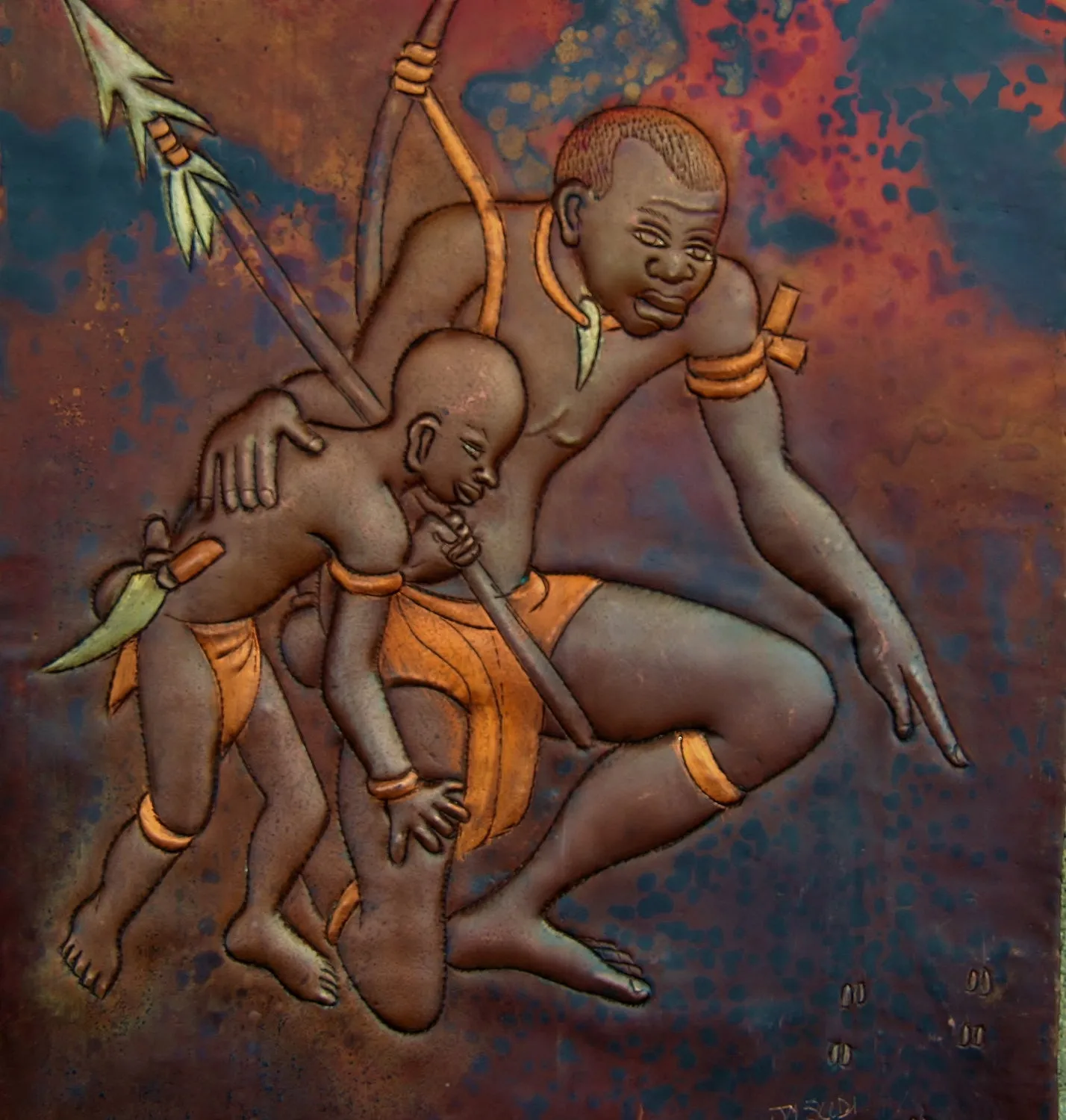 Vintage African Copper Art  - African Father & Son Hunting -Congo DRC - 8" X 12"