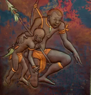 Vintage African Copper Art  - African Father & Son Hunting -Congo DRC - 8" X 12"