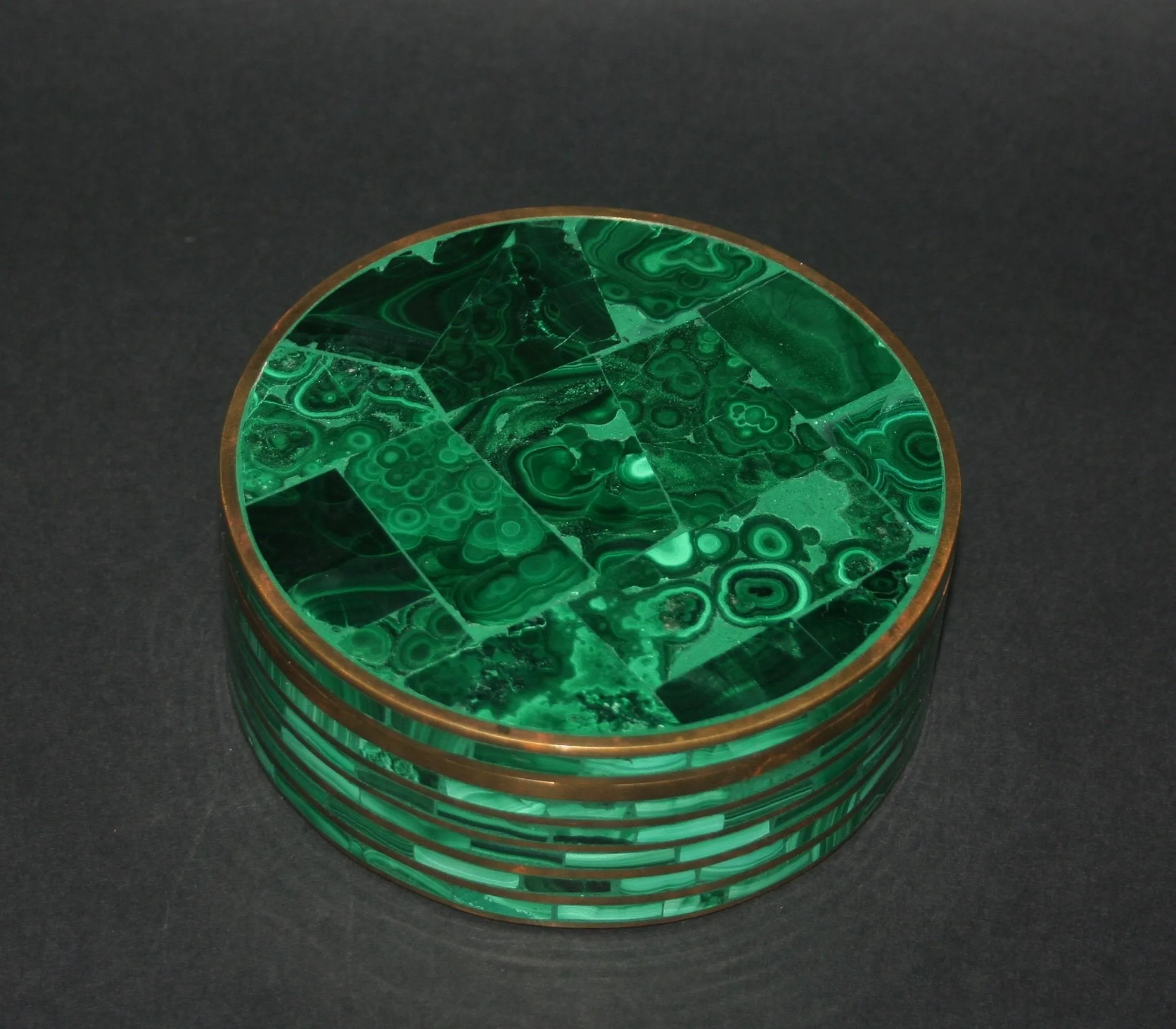 Vintage African Malachite Bronze Round Box/Pedestal  4.5"D X 2"H 14.5" C  Handcrafted Congo D.R.C.