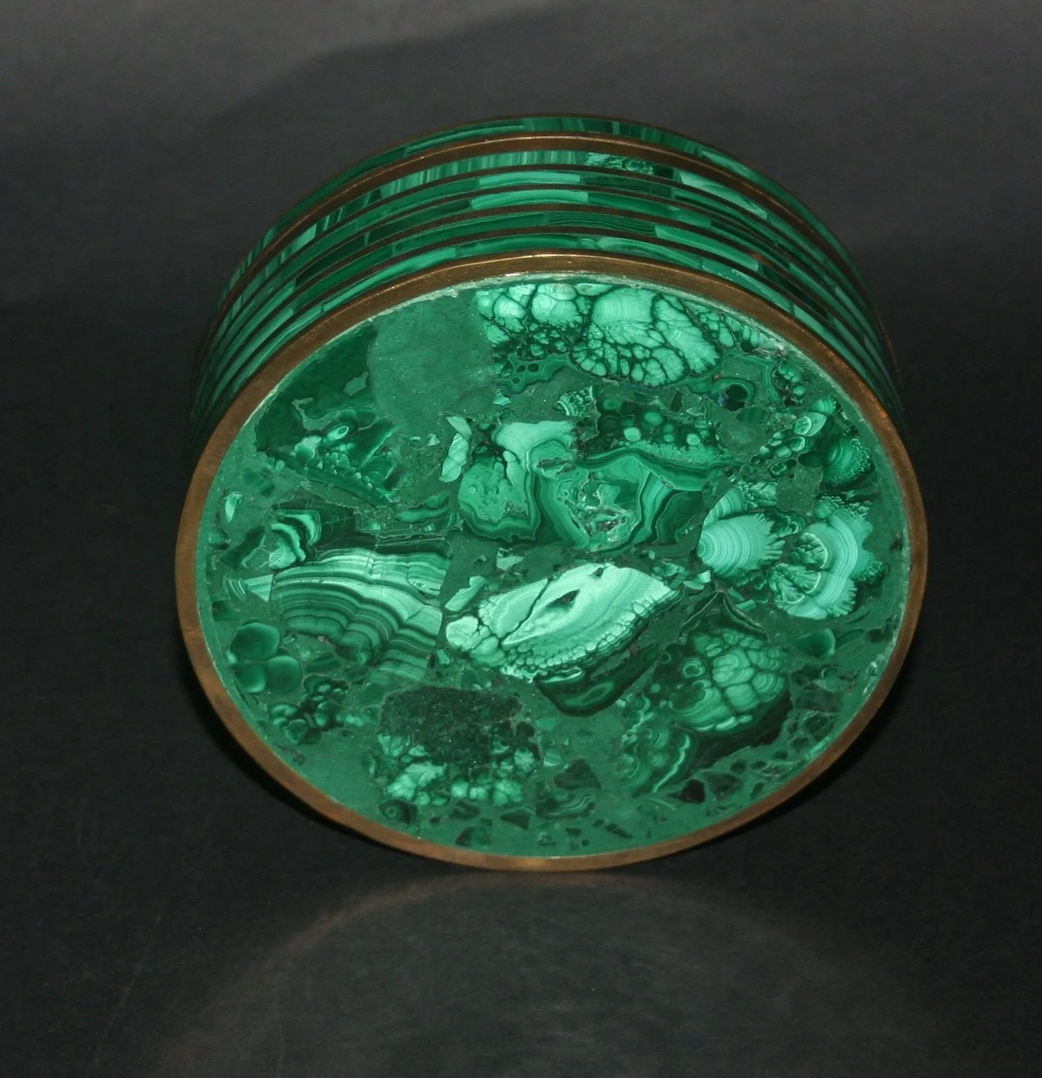 Vintage African Malachite Bronze Round Box/Pedestal  4.5"D X 2"H 14.5" C  Handcrafted Congo D.R.C.