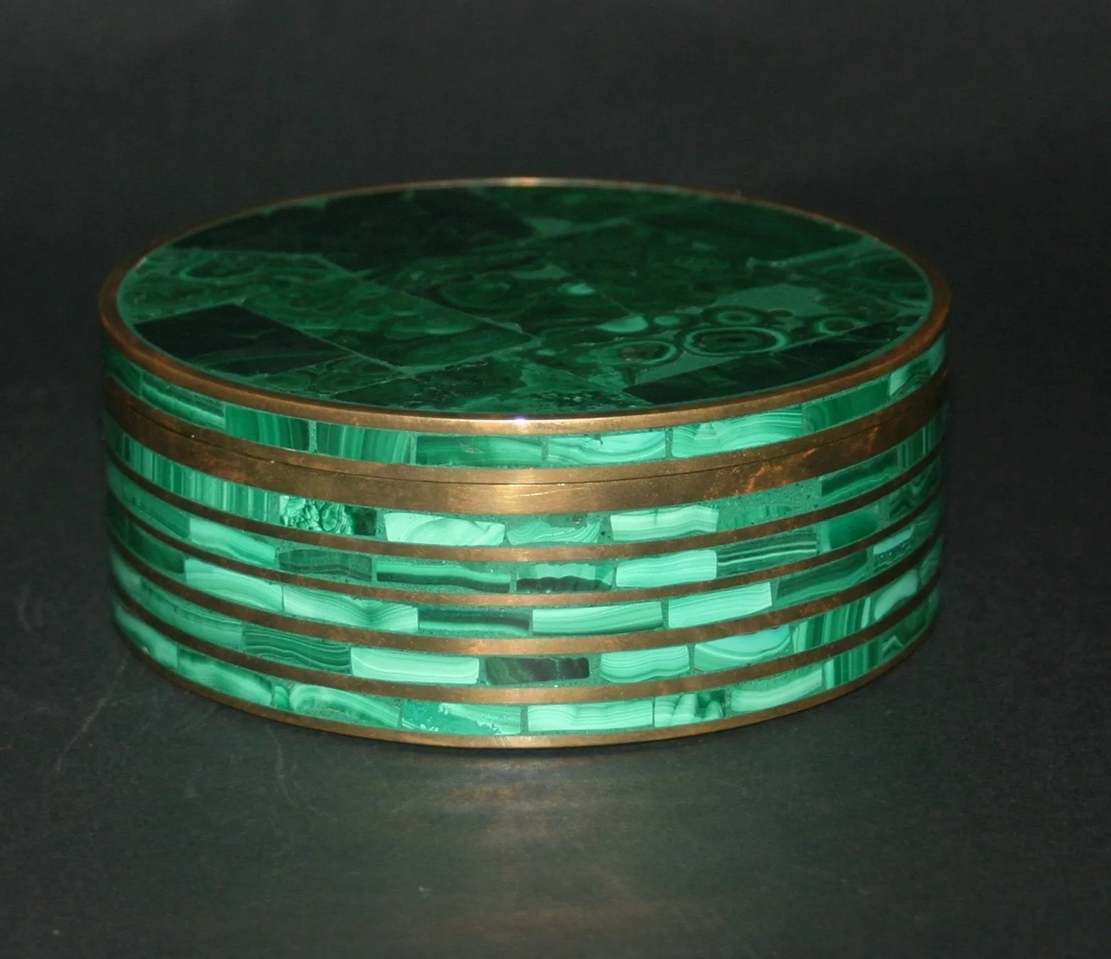Vintage African Malachite Bronze Round Box/Pedestal  4.5"D X 2"H 14.5" C  Handcrafted Congo D.R.C.