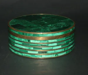 Vintage African Malachite Bronze Round Box/Pedestal  4.5"D X 2"H 14.5" C  Handcrafted Congo D.R.C.