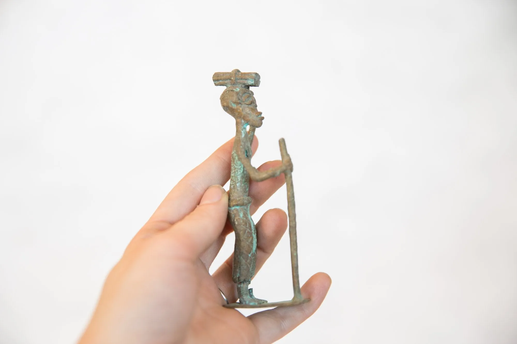 Vintage African Oxidized Copper Person Balancing Item on Head while Walking